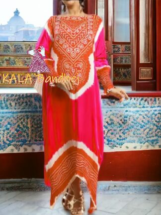Orange Pink Bandhani Abha Kaftan Designer Pure GajiSilk