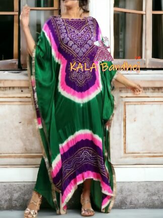 Green Magenta Bandhani Abha Kaftan Designer Pure GajiSilk