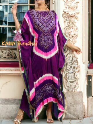 Magenta Jambli Bandhani Abha Kaftan Designer Pure GajiSilk