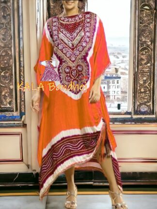 Orange Marron Bandhani Abha Kaftan Designer Pure GajiSilk