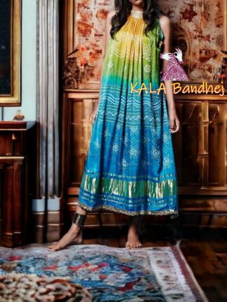 Parrot Sky Bandhani Pure Gaji Silk Fusion Kaftan Gown