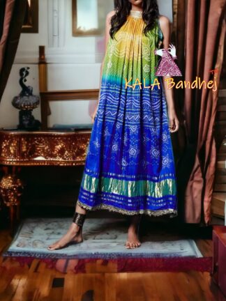 Blue Parrot Bandhani Pure Gaji Silk Fusion Kaftan Gown
