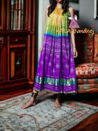 Magenta Parrot Bandhani Pure Gaji Silk Fusion Kaftan Gown