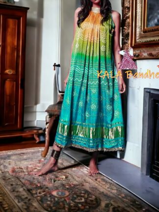 Aqua Bandhani Pure Gaji Silk Fusion Kaftan Gown