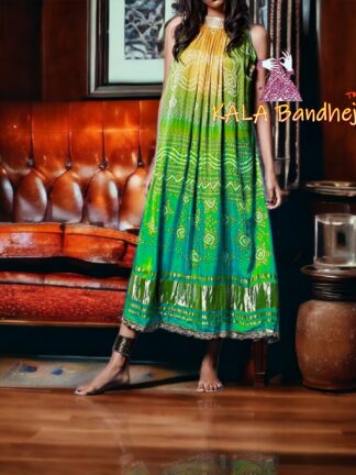 Parrot Lemon Bandhani Pure Gaji Silk Fusion Kaftan Gown