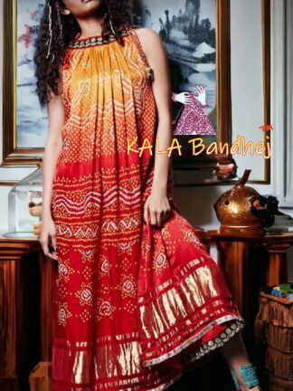 Red Golden Bandhani Pure Gaji Silk Fusion Kaftan Gown