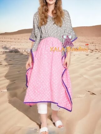Pastel Grey Pink Bandhani Kaftan Pure Cotton