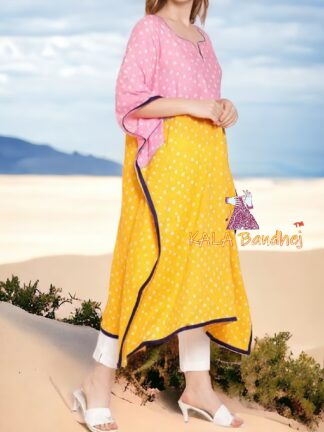 Pink Yellow Bandhani Kaftan Pure Cotton