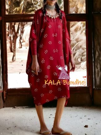 Bold Red Bandhani Kaftan Pure Cotton