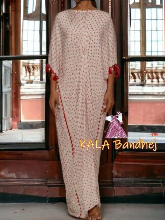 Off White Bandhani Kaftan Designer Pure Gaji Silk