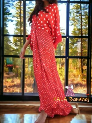 Tomato Bandhani Kaftan Designer Pure Gaji Silk