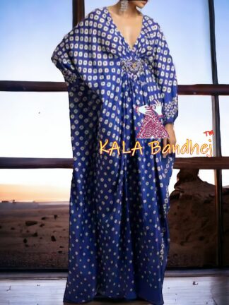 Blue Bandhani Kaftan Designer Pure Gaji Silk