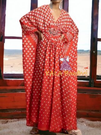 Bright Red Bandhani Kaftan Designer Pure Gaji Silk