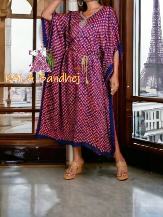 Navy Bandhani Kaftan Designer Pure Gaji Silk