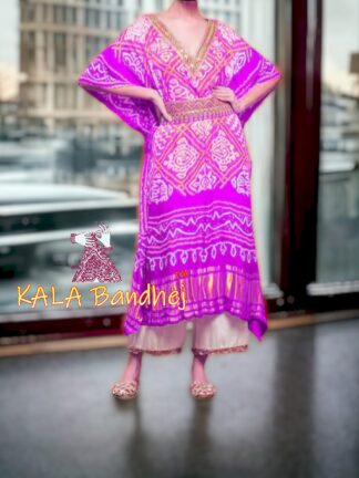 Magenta Bandhani Kaftan Bavan Barg Pure GajiSilk