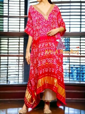 Red Bandhani Kaftan Shikari Pure GajiSilk