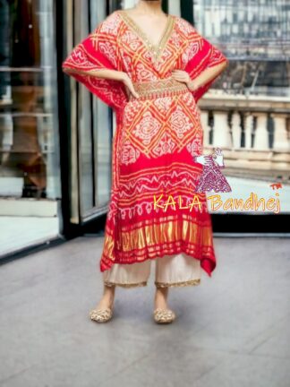 Red Bandhani Kaftan Bavan Barg Pure GajiSilk