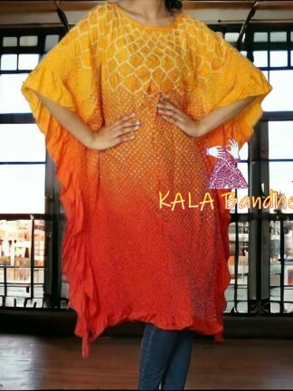 Gold Red Bandhani Pure Gaji Silk Ombre Kaftan