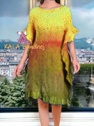 Lemon Mehndi Bandhani Pure Gaji Silk Ombre Kaftan