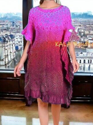 fuchsia Marron Bandhani Pure Gaji Silk Ombre Kaftan