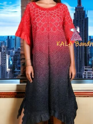 Red Black Bandhani Pure Gaji Silk Ombre Kaftan