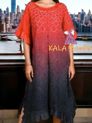 Orange Black Bandhani Pure Gaji Silk Ombre Kaftan