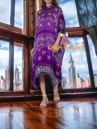 Magenta Bandhani Pure Gaji Silk Kaftan