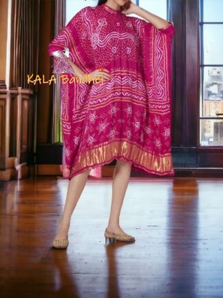 Pink Bandhani Pure Gaji Silk Kaftan