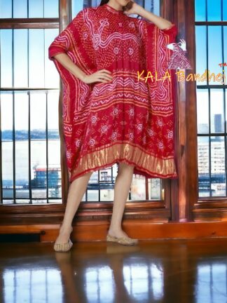 Red Bandhani Pure Gaji Silk Kaftan