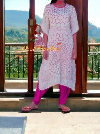 White Pink Bandhani Kaftan Designer Suit Pure Gaji Silk