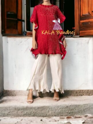 Red Bandhani Kaftan Designer Suit Pure Gaji Silk