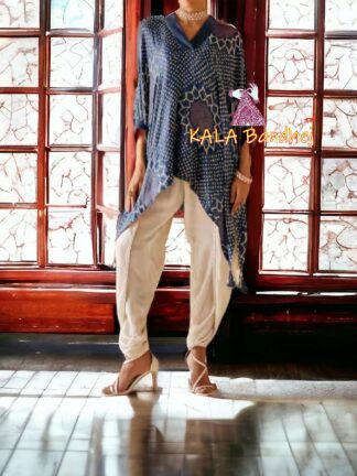 Peacock Blue Bandhani Kaftan Designer Suit Pure Gaji Silk