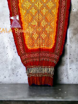 Golden Red BavanBarg Bandhani Dupatta Pure Gaji Silk