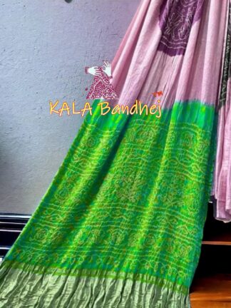 Parrot Pink Ras Mandal Bandhani Multi Color Saree Pure Gaji Silk