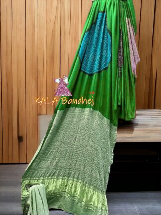 Parrot Ras Mandal Bandhani Multi Color Saree Pure Gaji Silk