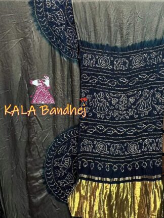 Navy Grey Ras Mandal Bandhani Saree Pure Gaji Silk