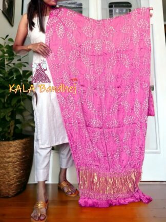Flower Pink Leaf Bandhani Dupatta Pure Modal Silk