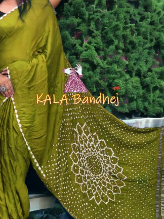 Chatni Green Bandhani Saree Makdi Pure Modal Silk