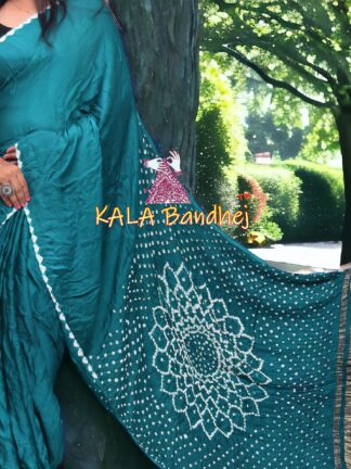 Peacock Blue Bandhani Saree Makdi Pure Modal Silk
