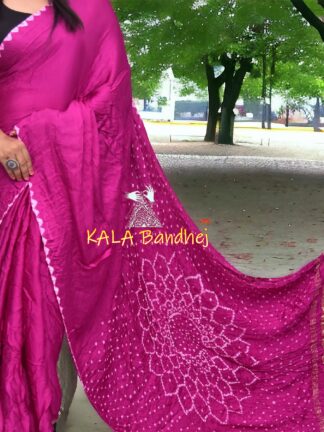 Bright Magenta Bandhani Saree Makdi Pure Modal Silk