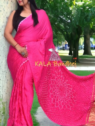Pink Bandhani Saree Makdi Pure Modal Silk