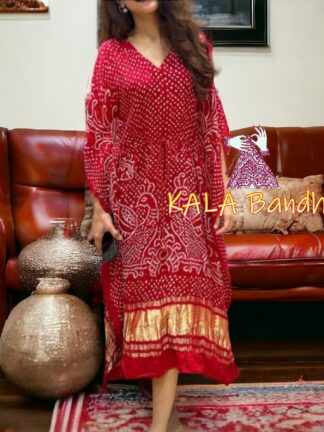 Red Bandhani Morlo Kaftan Designer Pure Gaji Silk