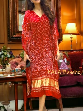 Orange Bandhani Morlo Kaftan Designer Pure Gaji Silk