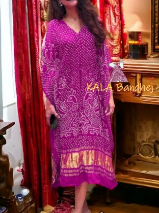 Magenta Bandhani Morlo Kaftan Designer Pure Gaji Silk