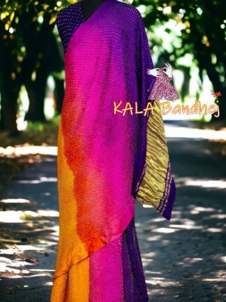 Purple Pink Golden Bandhani Bhrti Saree Pure Gaji Silk