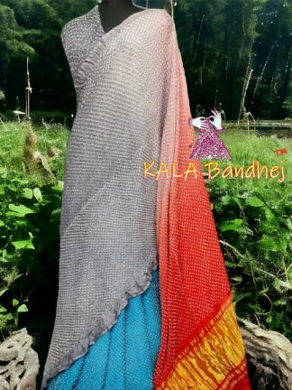 Sky Red Sliver Bandhani Bhrti Saree Pure Gaji Silk