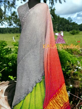 Parrot Red Sliver Bandhani Bhrti Saree Pure Gaji Silk