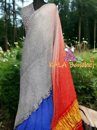 Red Blue Sliver Bandhani Bhrti Saree Pure Gaji Silk