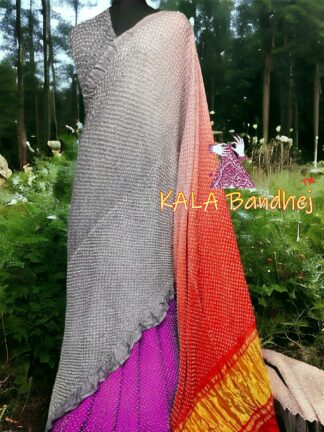 Red Magenta Sliver Bandhani Bhrti Saree Pure Gaji Silk