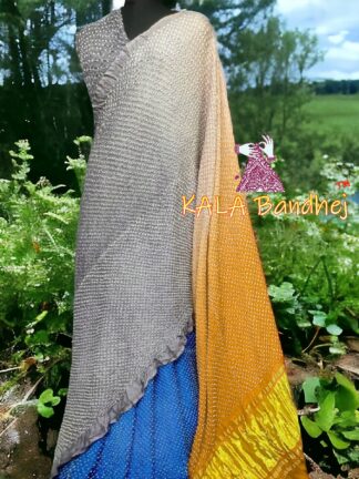 Mustered Sky Sliver Bandhani Bhrti Saree Pure Gaji Silk